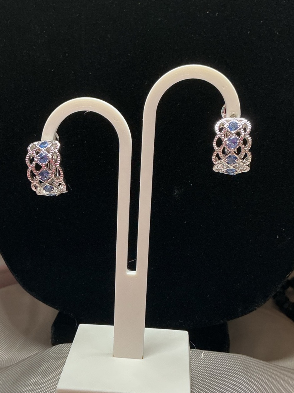 Sterling-Style Filigree Hoop Earrings with Blue Stones